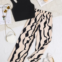 Girls Black Crop Top with Beige & Black Printed Wide Pants