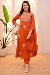 Rust Orange Embroidered Kurta Pant Set with Dupatta for Women