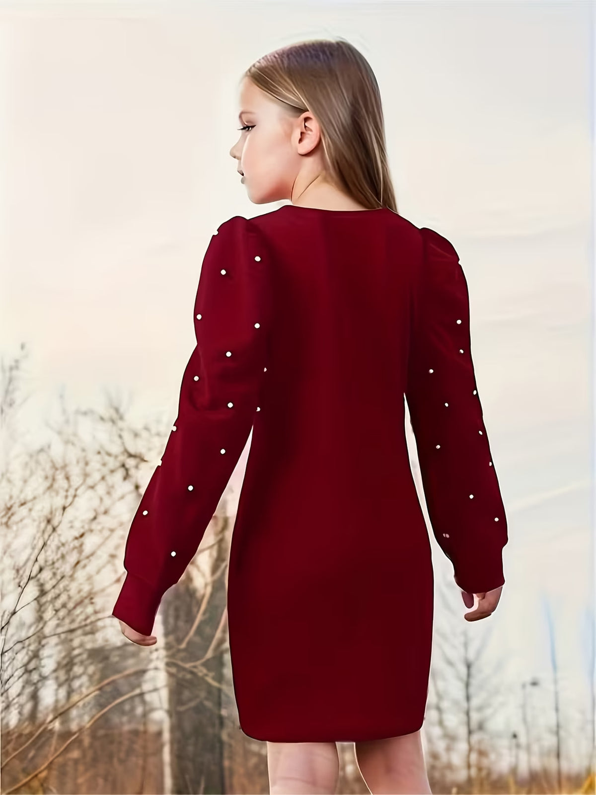 Girls Maroon Pearl Embellished Puff Sleeve Bodycon Dress