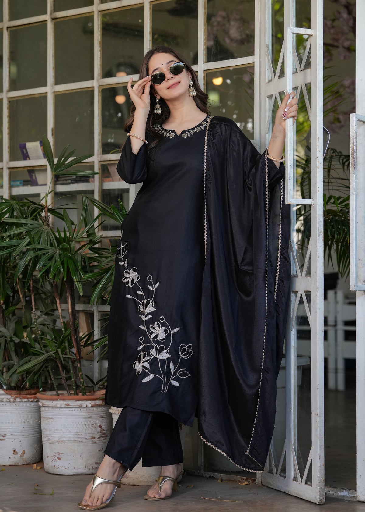 Black Embroidered Kurta Set with Dupatta for Women