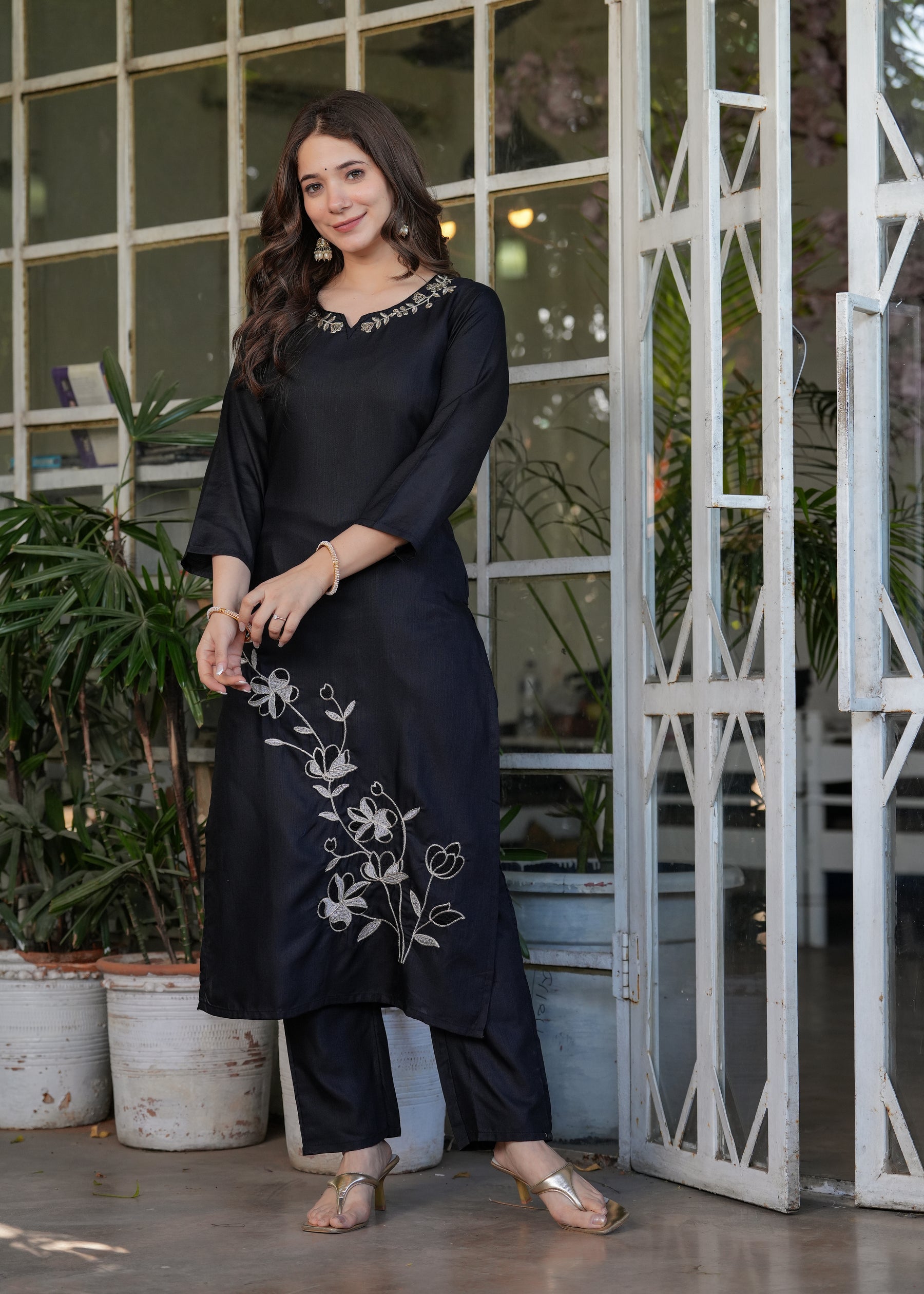 Black Embroidered Kurta Set with Dupatta for Women