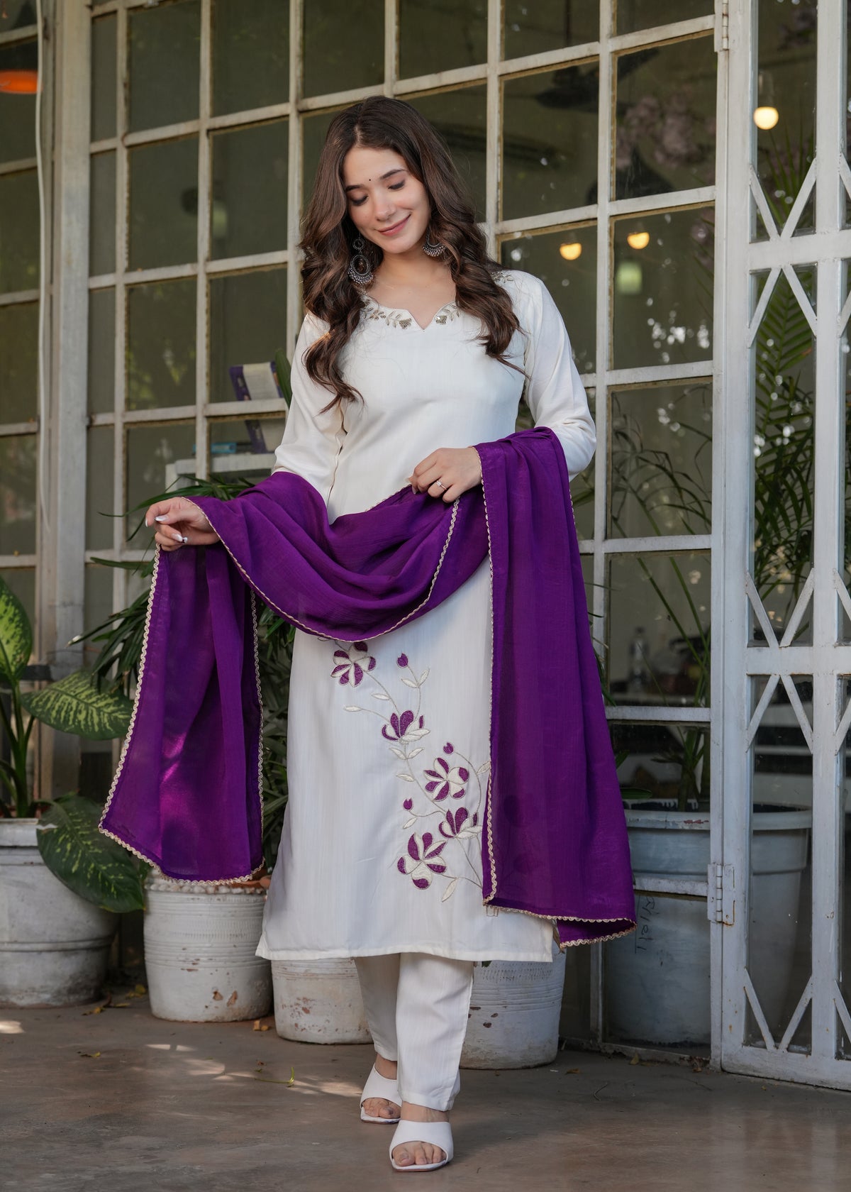 Off White Purple Embroidered Kurta Set with Dupatta