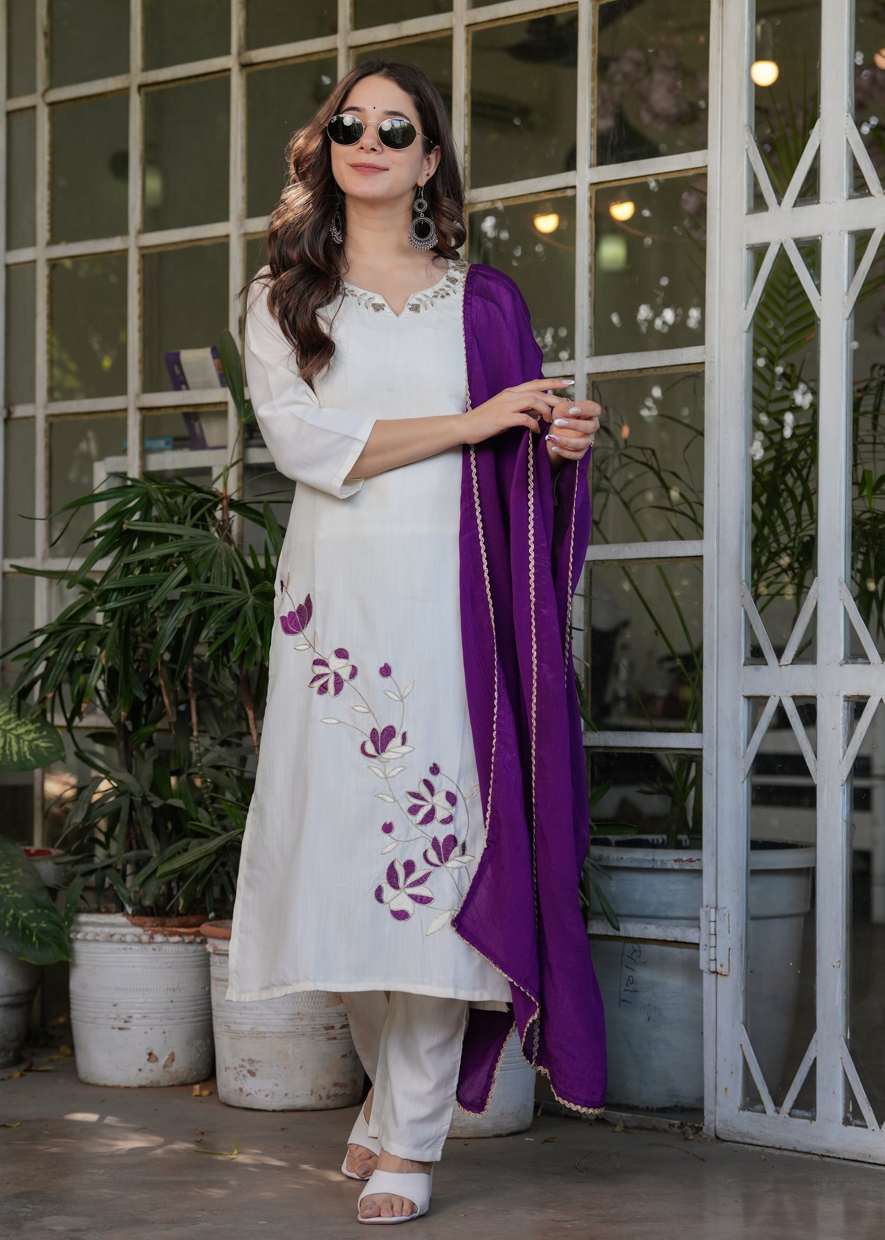 Off White Purple Embroidered Kurta Set with Dupatta