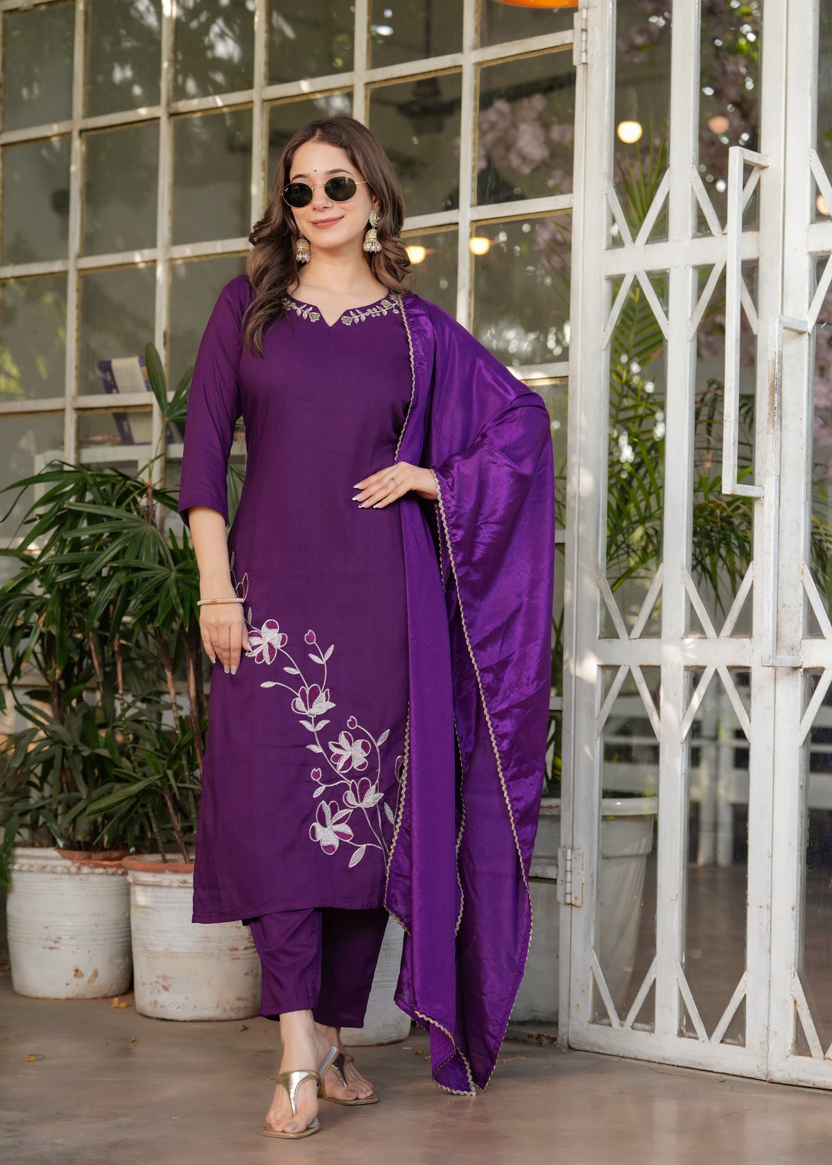 Royal Purple Embroidered Kurta Set with Dupatta