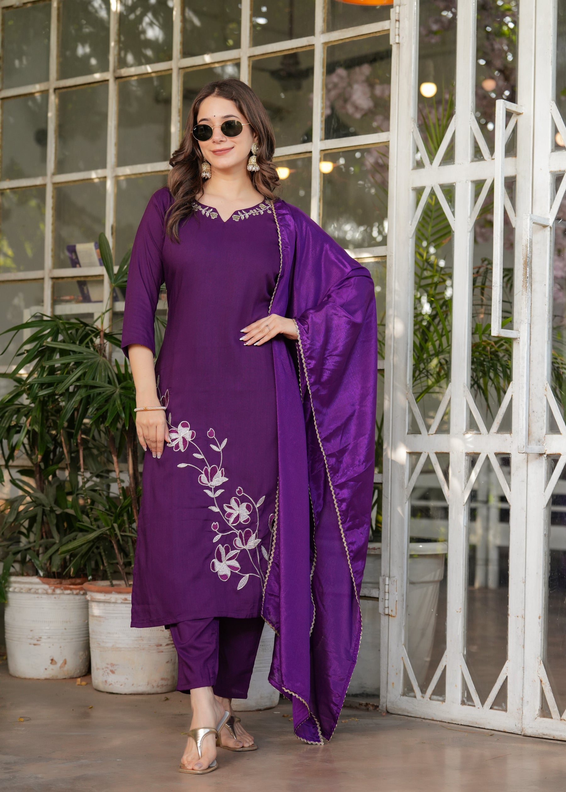 Royal Purple Embroidered Kurta Set with Dupatta
