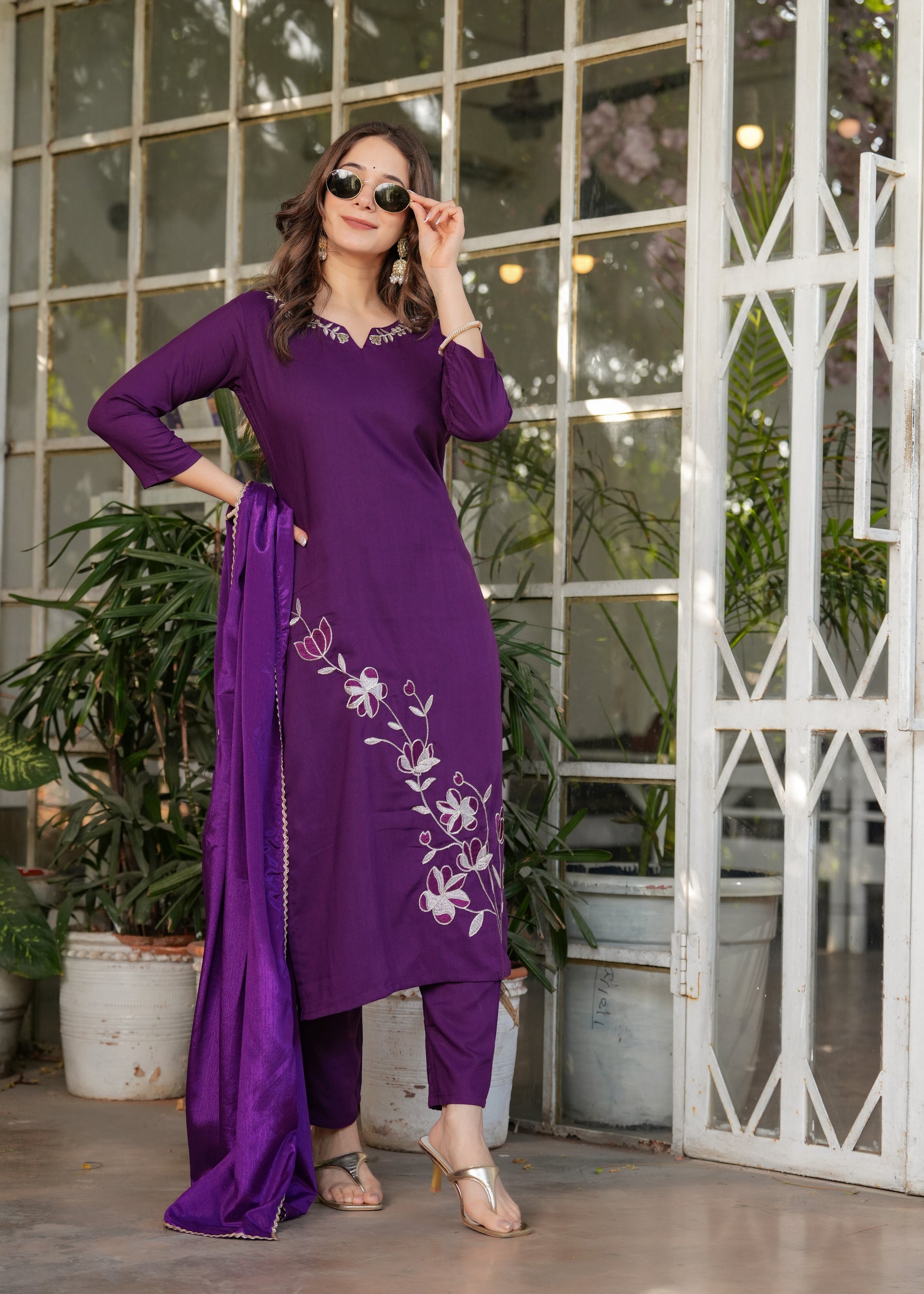 Royal Purple Embroidered Kurta Set with Dupatta