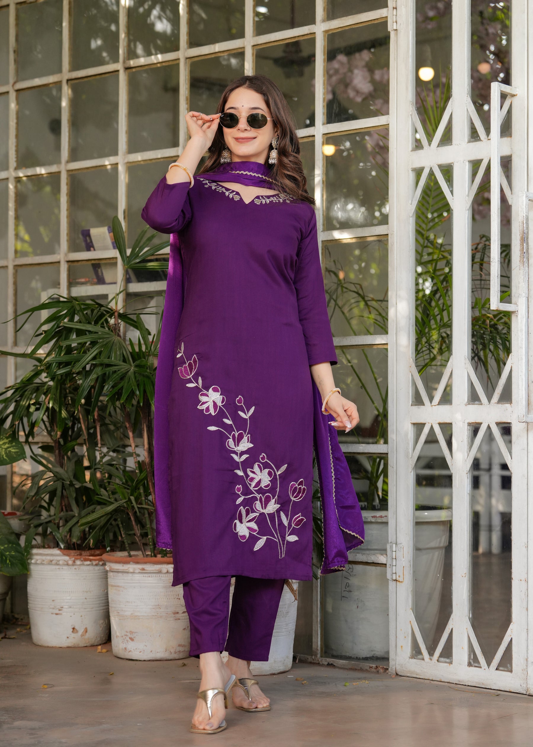 Royal Purple Embroidered Kurta Set with Dupatta