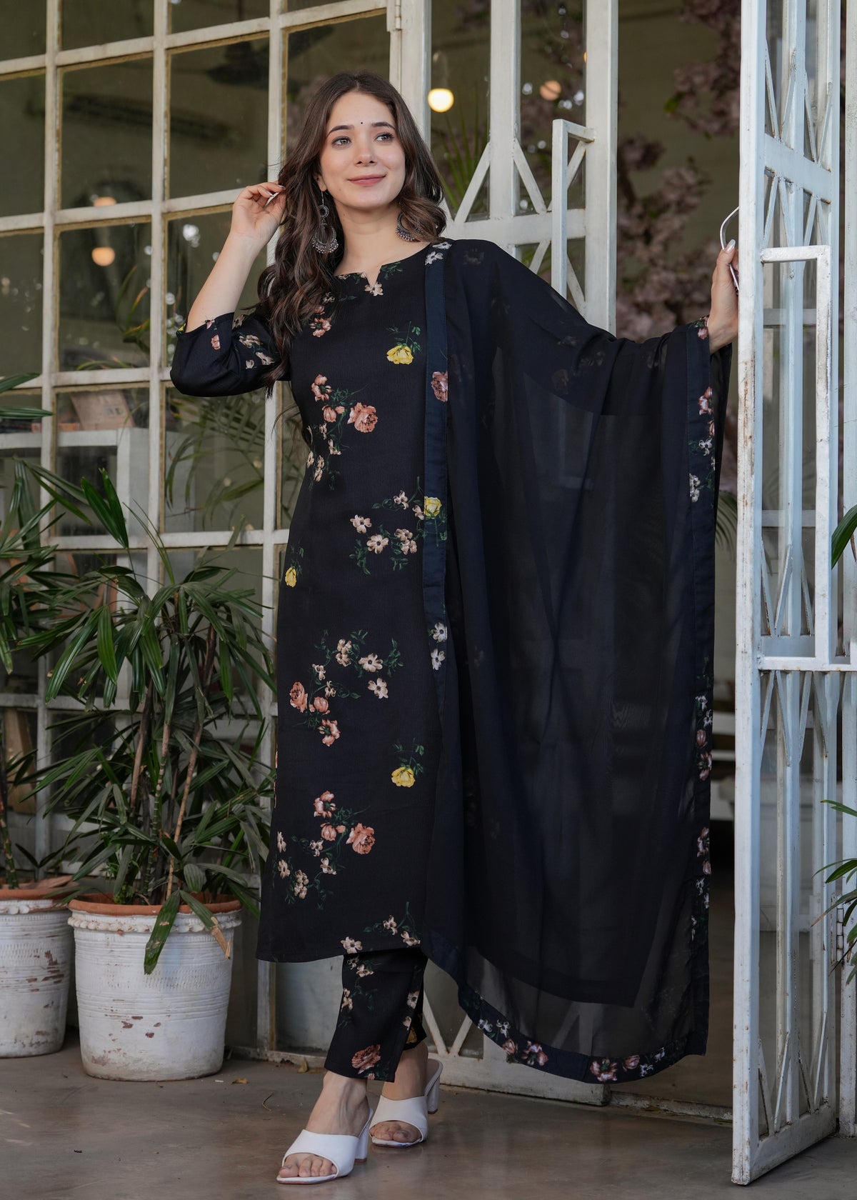 Black Floral Printed Kurta Set with Dupatta for Women