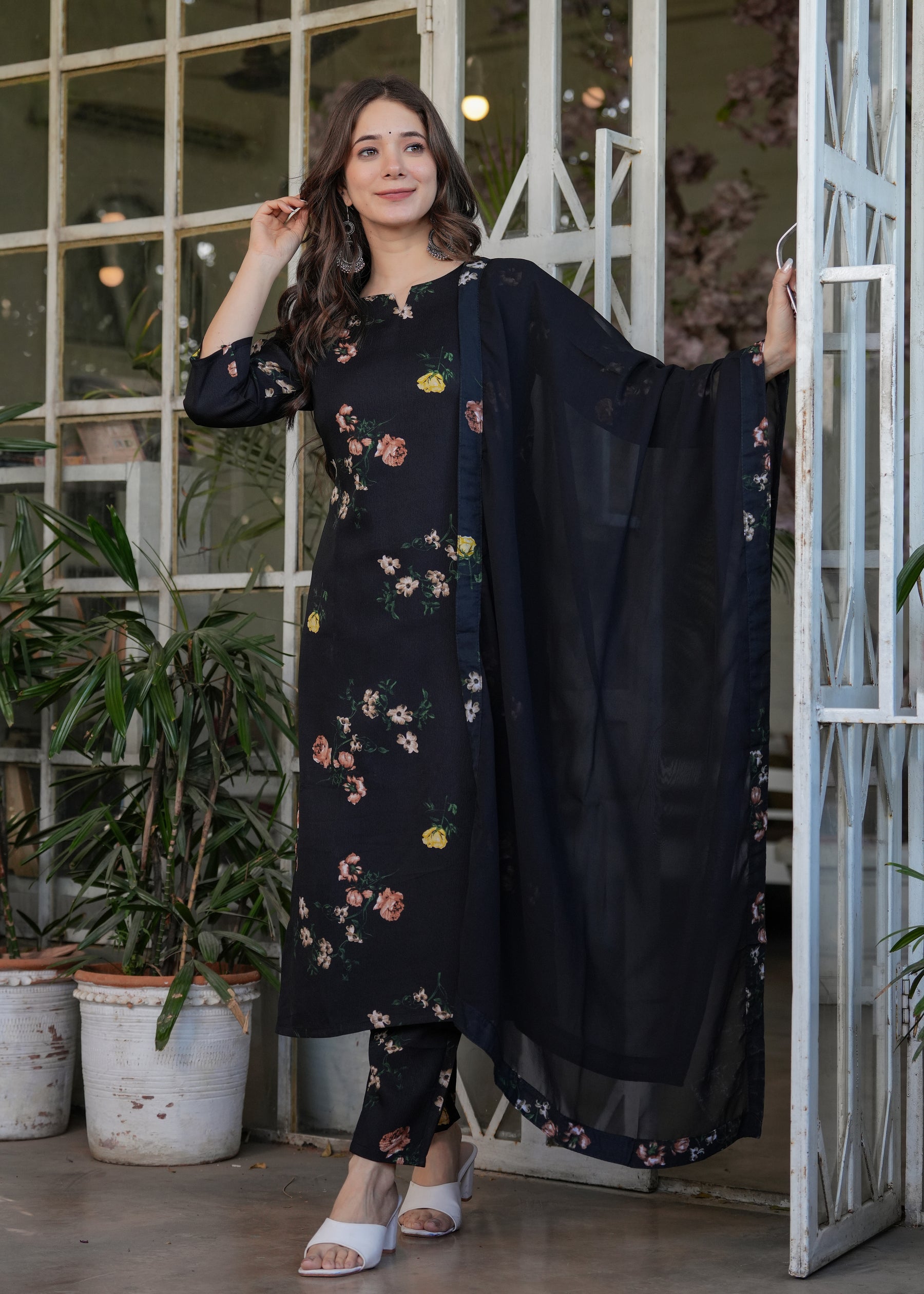Black Floral Printed Kurta Set with Dupatta for Women