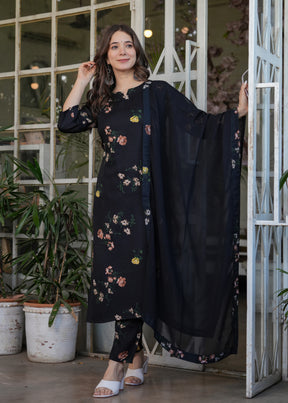 Black Floral Printed Kurta Set with Dupatta for Women