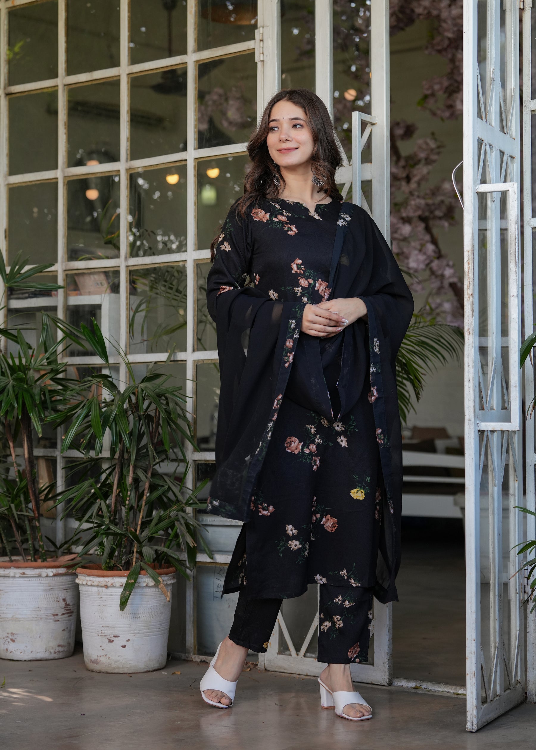 Black Floral Printed Kurta Set with Dupatta for Women