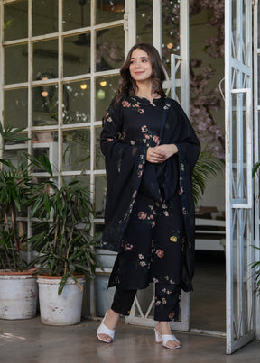 Black Floral Printed Kurta Set with Dupatta for Women