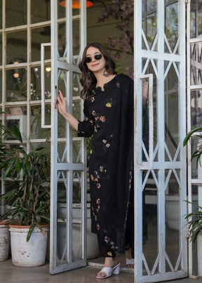 Black Floral Printed Kurta Set with Dupatta for Women