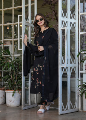 Black Floral Printed Kurta Set with Dupatta for Women