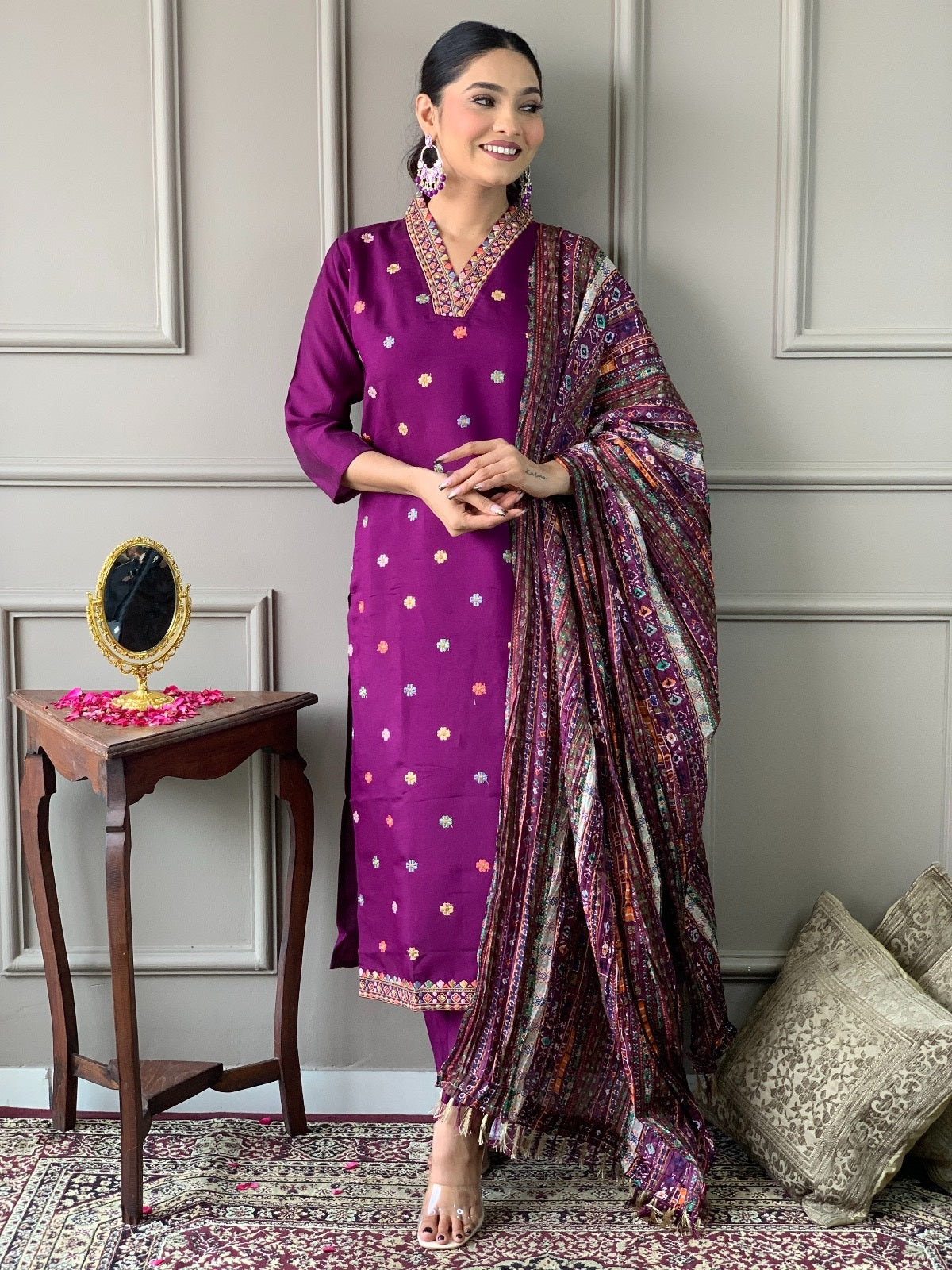 Magenta Embroidered Kurta Set with Printed Dupatta