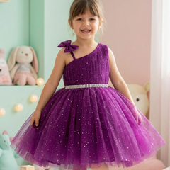 Girls Purple One-Shoulder Party Dress with Glitter Tulle & Crystal Belt