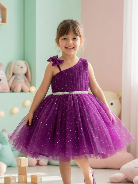 Girls Purple One-Shoulder Party Dress with Glitter Tulle & Crystal Belt