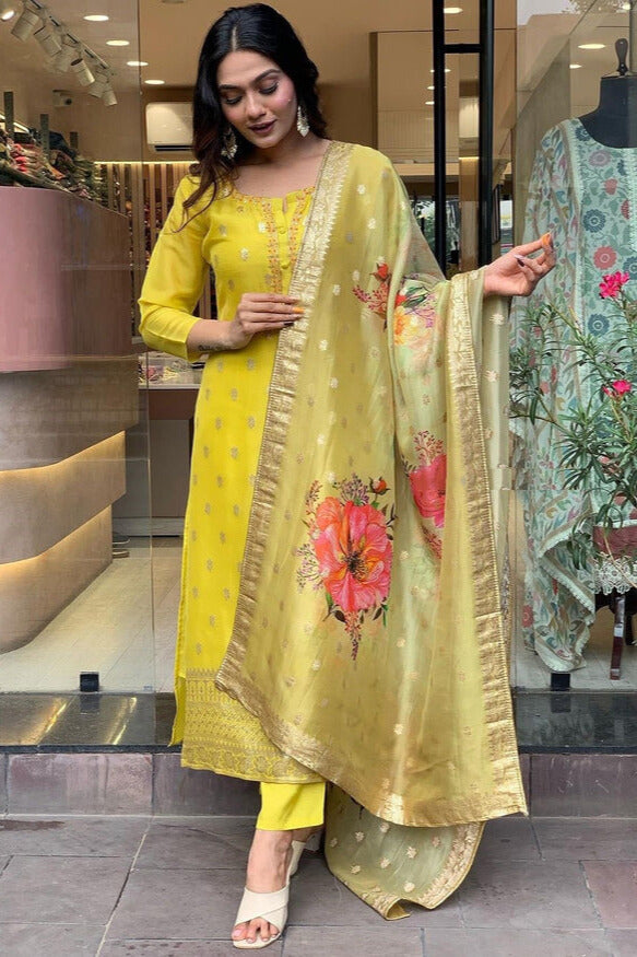Kritika Yellow Kurta Set with Floral Organza Dupatta