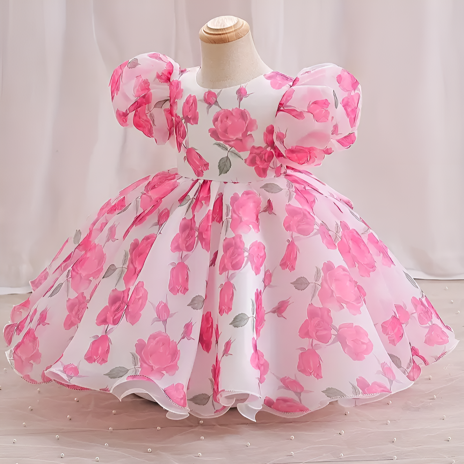 Pink And White Floral Print Puff Sleeve Baby Frock