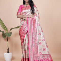 Graceful Pink and White Saree with Silver Zari Embroidery for Festive Occasions