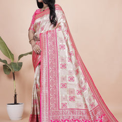 Graceful Pink and White Saree with Silver Zari Embroidery for Festive Occasions