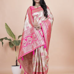 Graceful Pink and White Saree with Silver Zari Embroidery for Festive Occasions