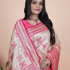 Graceful Pink and White Saree with Silver Zari Embroidery for Festive Occasions
