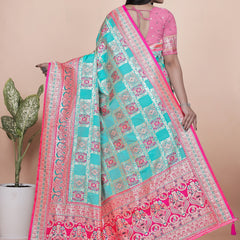Premium Aqua and Pink Banarasi Silk Saree with Zari Embroidery