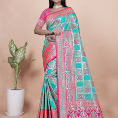 Premium Aqua and Pink Banarasi Silk Saree with Zari Embroidery
