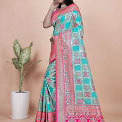 Premium Aqua and Pink Banarasi Silk Saree with Zari Embroidery