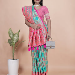 Premium Aqua and Pink Banarasi Silk Saree with Zari Embroidery