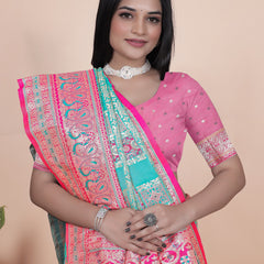 Premium Aqua and Pink Banarasi Silk Saree with Zari Embroidery