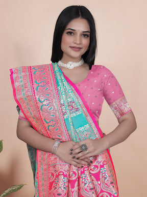 Premium Aqua and Pink Banarasi Silk Saree with Zari Embroidery