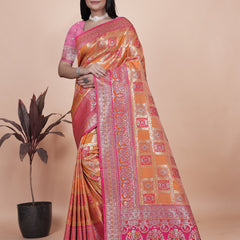 Royal Orange and Pink Silk Saree with Detailed Zari Work for Weddings