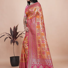 Royal Orange and Pink Silk Saree with Detailed Zari Work for Weddings