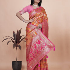 Royal Orange and Pink Silk Saree with Detailed Zari Work for Weddings