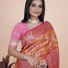 Royal Orange and Pink Silk Saree with Detailed Zari Work for Weddings