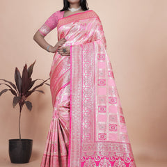 Luxurious Pink Silk Saree with Floral Zari Embroidery for Special Occasions