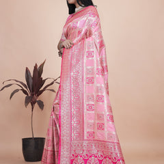 Luxurious Pink Silk Saree with Floral Zari Embroidery for Special Occasions