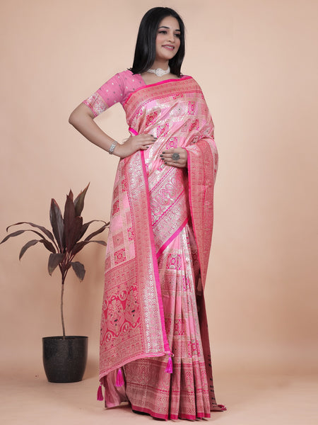 Luxurious Pink Silk Saree with Floral Zari Embroidery for Special Occasions