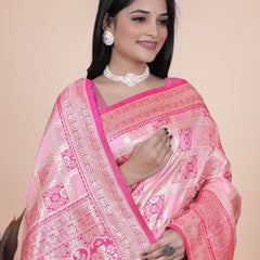 Luxurious Pink Silk Saree with Floral Zari Embroidery for Special Occasions