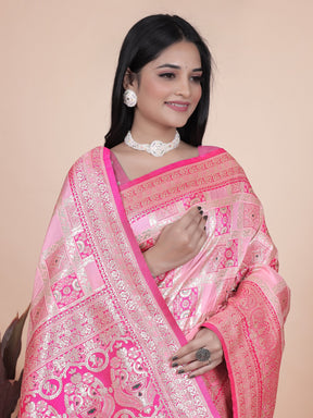 Luxurious Pink Silk Saree with Floral Zari Embroidery for Special Occasions