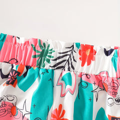 Girls Teal Ribbed Sleeveless Crop Top & Multicolor Printed Pants Set