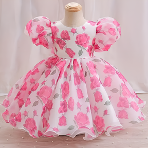Pink And White Floral Print Puff Sleeve Baby Frock