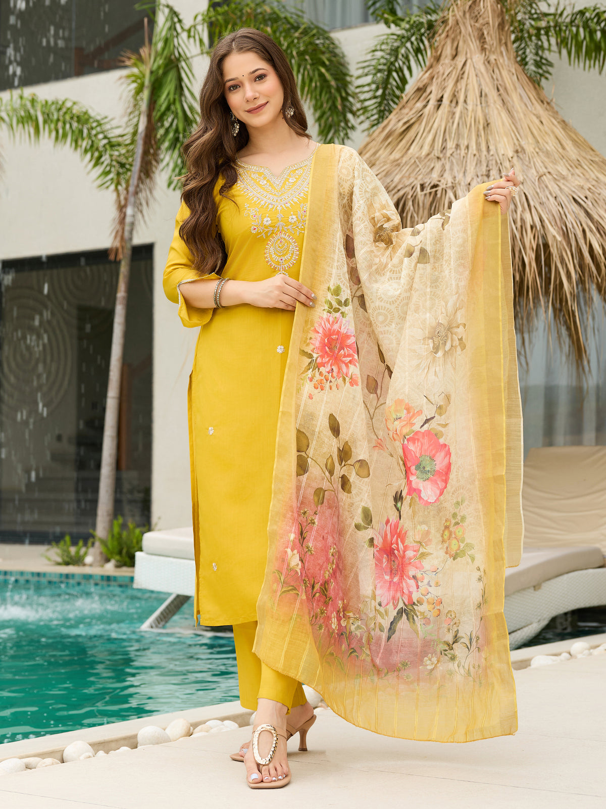Mustard Yellow Embroidered Kurta Set with Organza Dupatta