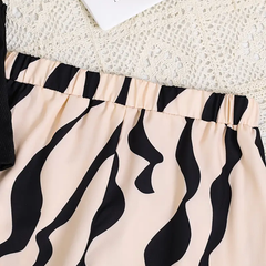 Girls Black Crop Top with Beige & Black Printed Wide Pants