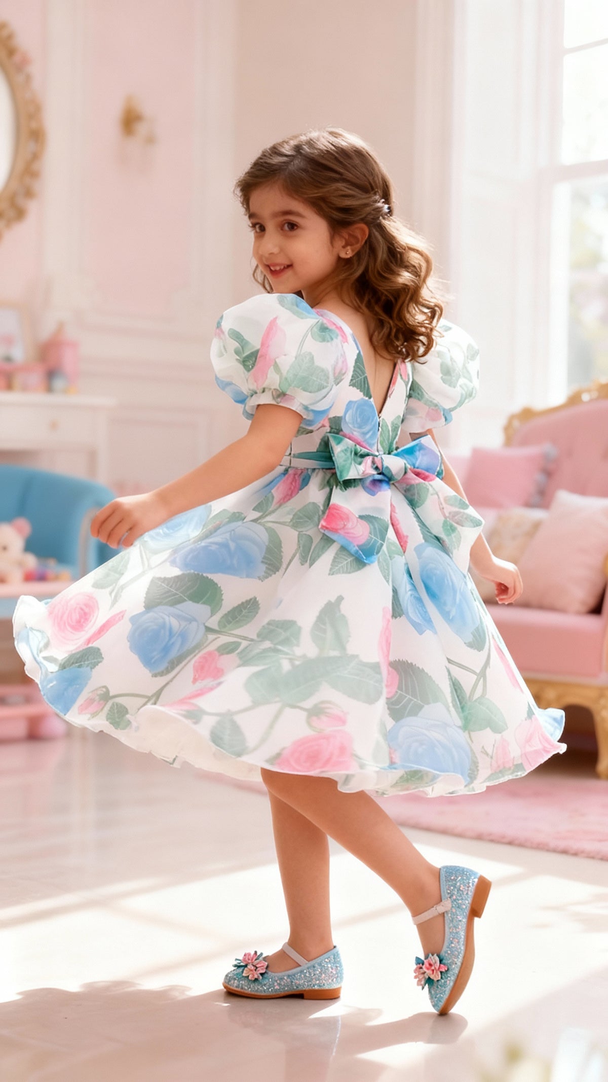 Blue And White Floral Print Puff Sleeve Baby Frock