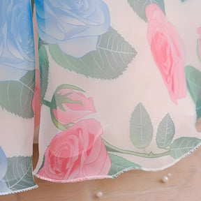 Blue And White Floral Print Puff Sleeve Baby Frock