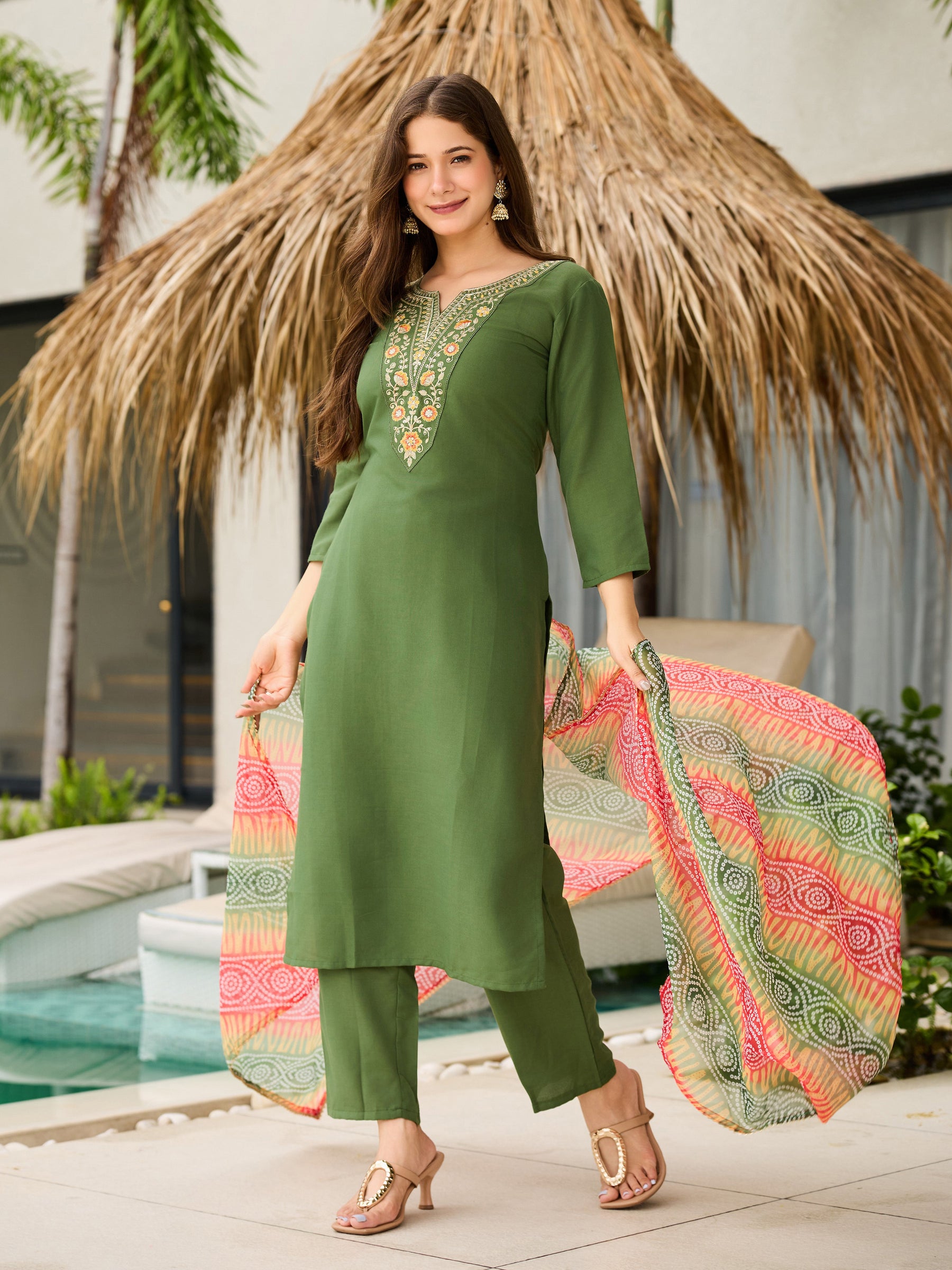 Mehendi Green Embroidered Kurta Set with Dupatta