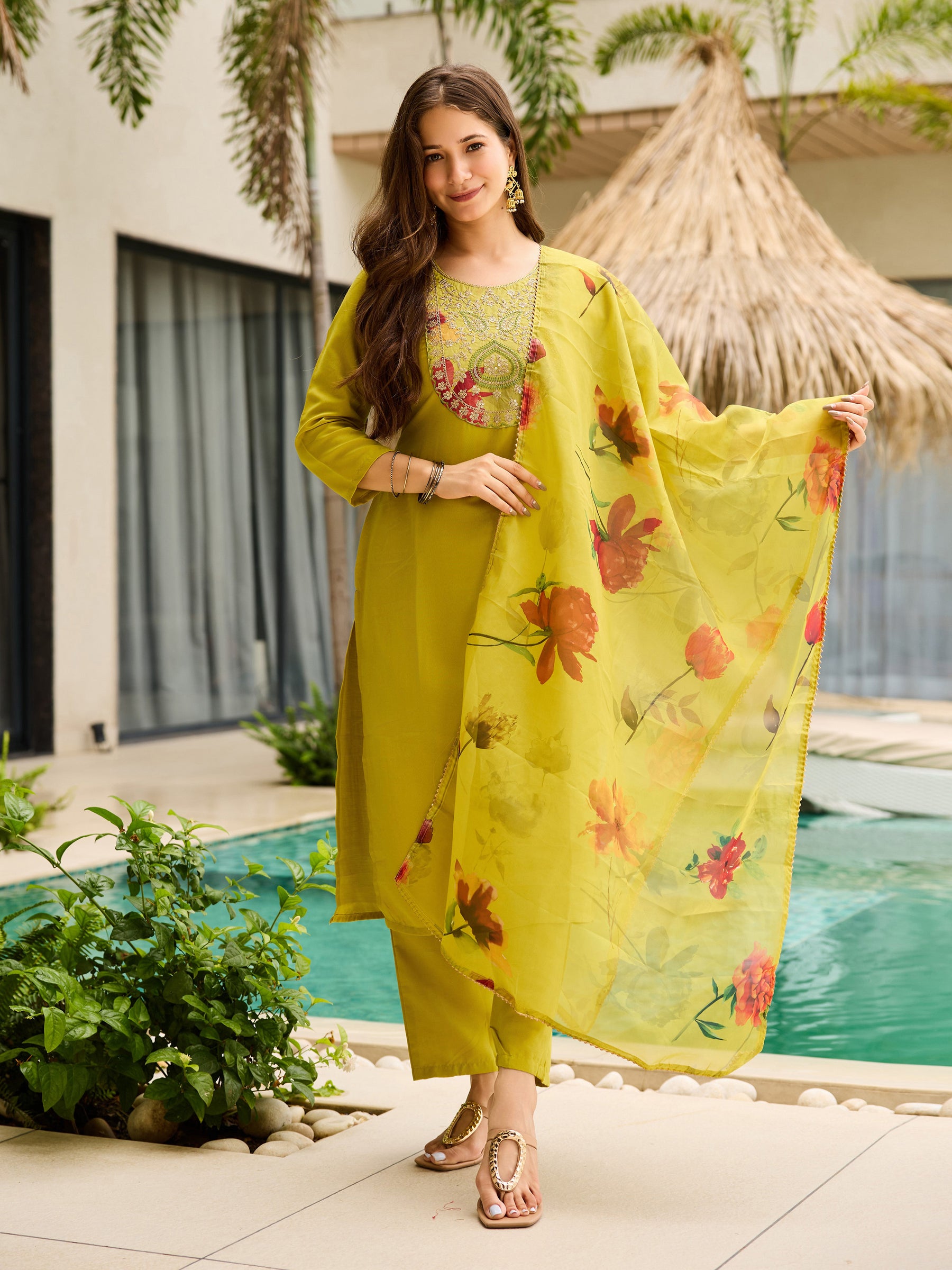 Lime Green Kurta Set with Floral Organza Dupatta